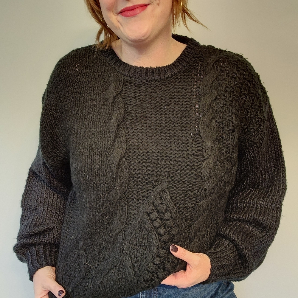 90s Black Handknit Cableknit Dad Sweater